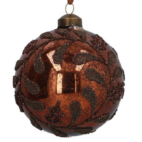 INDENT - Pack 12, Glass Ball Large Antique Copper, Bead Leaves 10cm